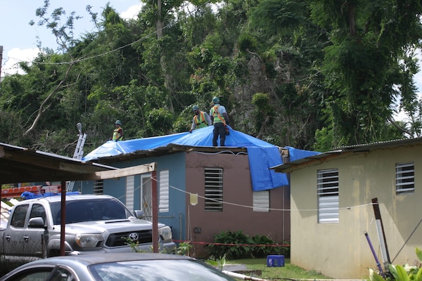 workers install blue roof