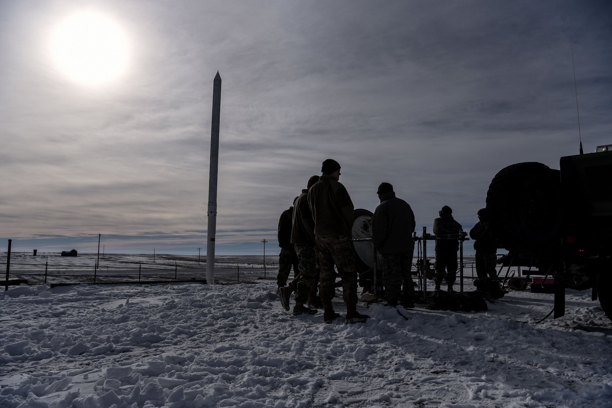 A group of 90th Missile Security Forces defenders wait for the ‘all clear’ indication before going down into a missile launch facility in the F.E. Warren Air Force Base missile complex, Dec. 28, 2017. Members of the 90th Missile Security Forces Squadron got the chance to go into a missile launch facility to see what they protect every day.