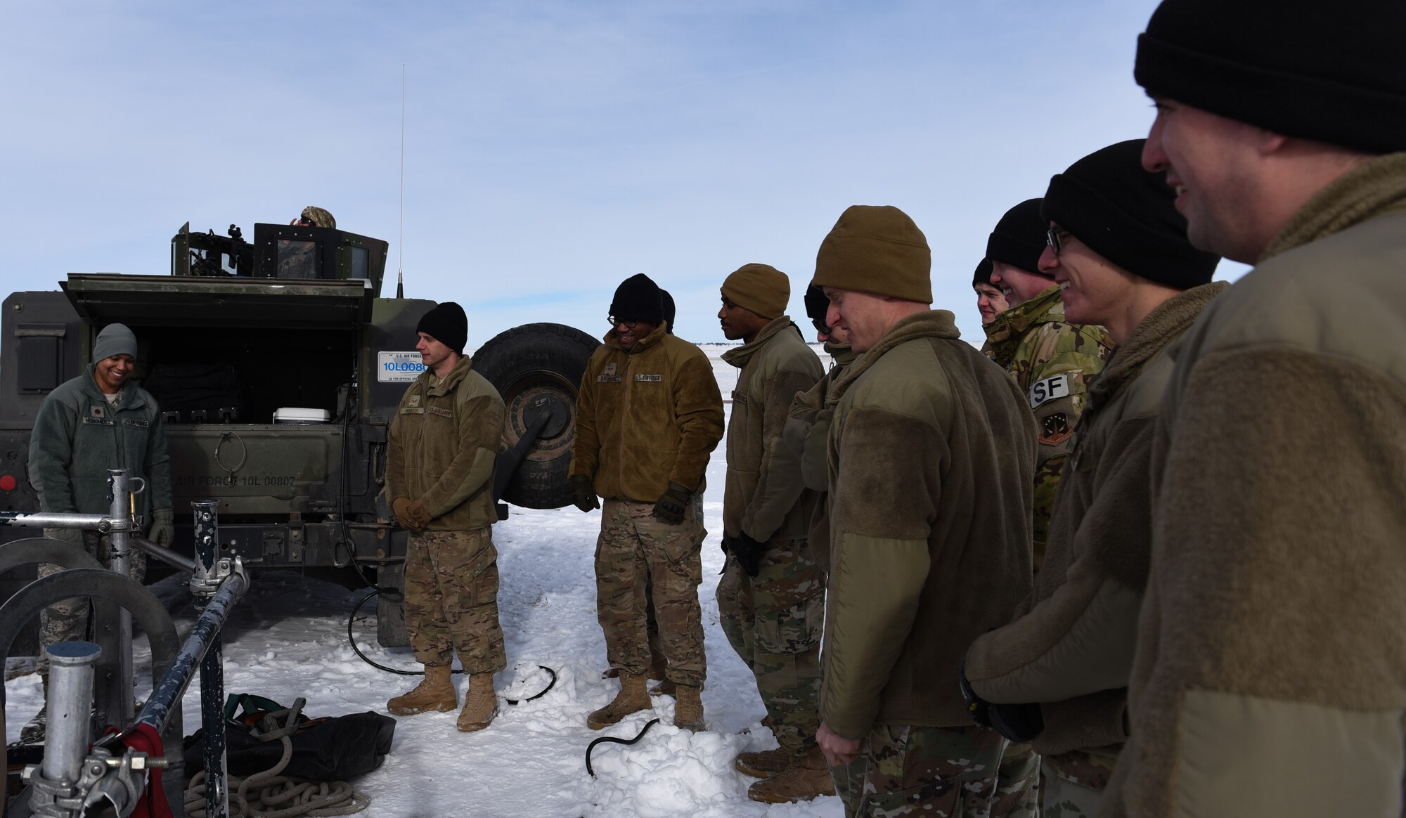 A group of 90th Missile Security Forces defenders listen to an entry brief before going down into a missile launch facility in the F.E. Warren Air Force Base missile complex, Dec. 28, 2017. Members of the 90th Missile Security Forces Squadron got the chance to go into a missile launch facility to see what they protect every day.