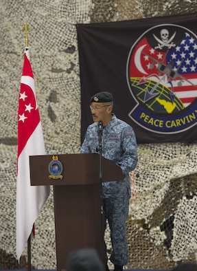 Republic of Singapore Air Force ME-4 Tan Eng Ann speaks at his change of appointment ceremony, Dec. 29, 2017 at Mountain Home Air Force Base, Idaho. Tan passed command to ME-3 Tan Thiam Chye Gene after serving two years as the 428th Fighter Squadron’s command chief. (U.S. Air Force photo by Airman Jeremy D. Wolff)