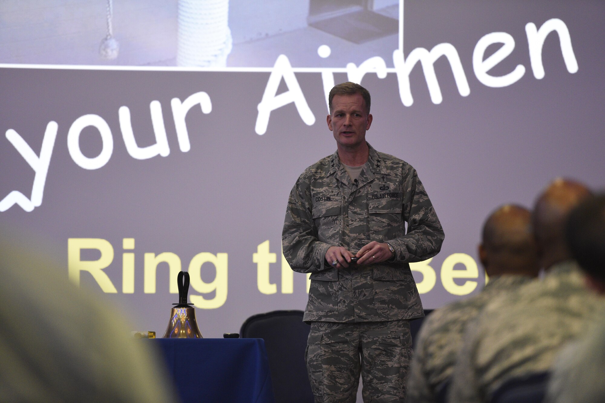 Chap. (Maj. Gen.) Dondi E. Costin, Air Force Chief of Chaplains, speaks to Airmen about resiliency at Club Eifel on Spangdahlem Air Base, Germany, Jan. 27, 2017. Costin visited here to learn about the challenges faced by Airmen and their families firsthand, while also taking the opportunity to spread his message of resiliency. (U.S. Air Force photo by Staff Sgt. Jonathan Snyder)