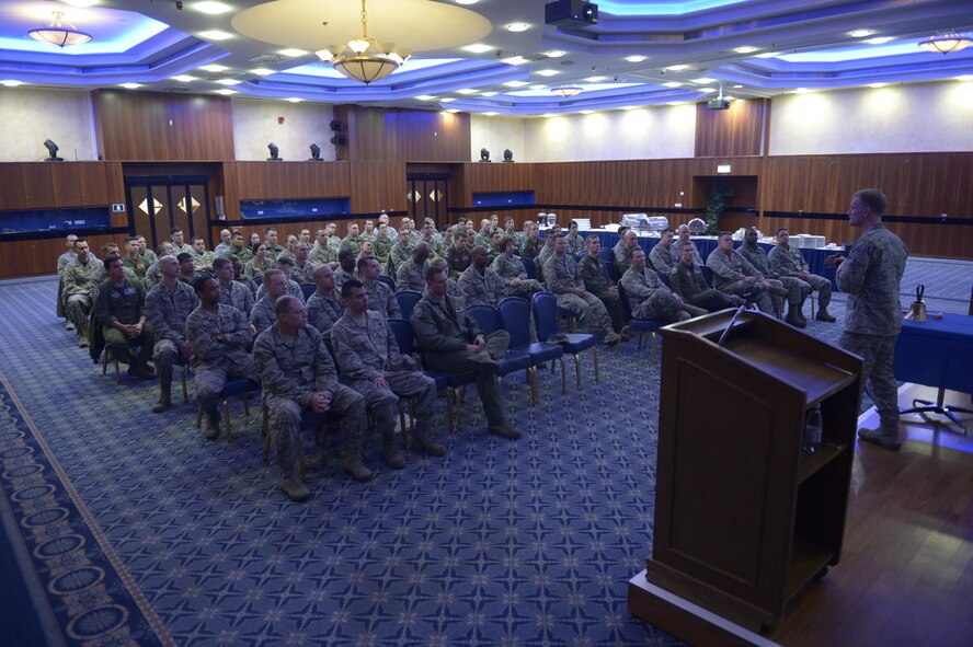 Chap. (Maj. Gen.) Dondi E. Costin, Air Force Chief of Chaplains, speaks to Airmen about resiliency at Club Eifel on Spangdahlem Air Base, Germany, Jan. 27, 2017. Costin visited here to learn about the challenges faced by Airmen and their families firsthand, while also taking the opportunity to spread his message of resiliency. (U.S. Air Force photo by Staff Sgt. Jonathan Snyder)