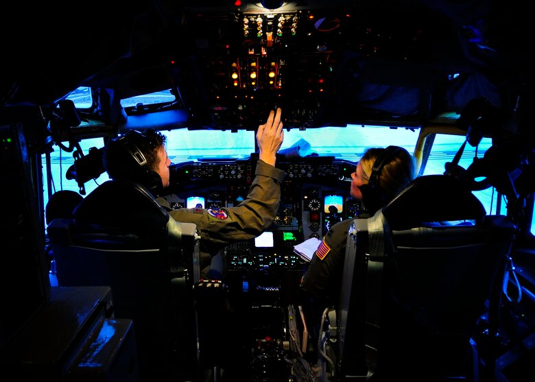 Maj. Brett Supyk and Capt. Kristy Kjornes, 161st Air Refueling Wing KC-135 Stratotanker pilots, prepare their KC-135 for takeoff during a flying training deployment, Jan. 25, 2017, at Souda Bay, Greece. The Arizona Air National Guard’s 161st ARW’s KC-135s performed in-flight refueling operations with F-16 Fighting Falcons from Aviano Air Base, Italy, and the Hellenic air force during the FTD. (U.S. Air Force photo by Staff Sgt. Austin Harvill)