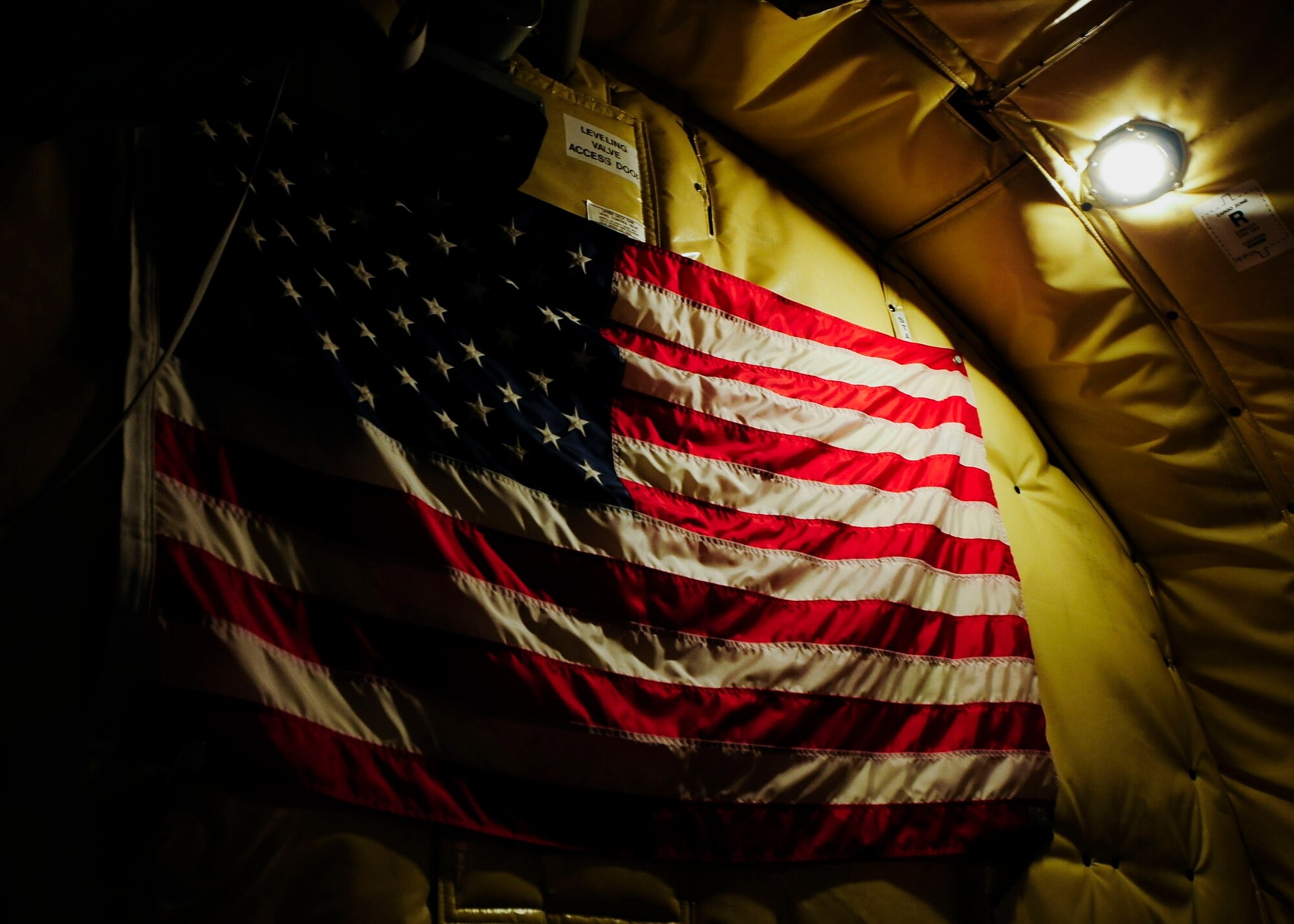 A U.S. flag hangs on the wall inside a KC-135 Stratotanker, from the Arizona Air National Guard’s 161st Air Refueling Wing, during a flying training deployment, Jan. 25, 2017, at Souda Bay, Greece. The KC-135 refueled U.S. and Hellenic air force F-16 Fighting Falcons during the FTD, which was hosted to evaluate aircraft and personnel capabilities and increase interoperability between the two NATO allies. (U.S. Air Force photo by Staff Sgt. Austin Harvill)