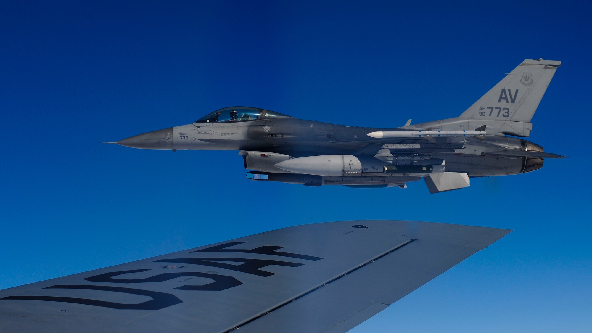 An F-16 Fighting Falcon from the 555th Fighter Squadron, Aviano Air Base, Italy, awaits refueling from an Arizona Air National Guard 161st Air Refueling Wing KC-135 Stratotanker during a flying training deployment, Jan. 27, 2017, at Souda Bay, Greece. The KC-135 refueled U.S. and Hellenic air force F-16s during the FTD, which was hosted to evaluate aircraft and personnel capabilities and increase interoperability between the two NATO allies. (U.S. Air Force photo by Staff Sgt. Austin Harvill)