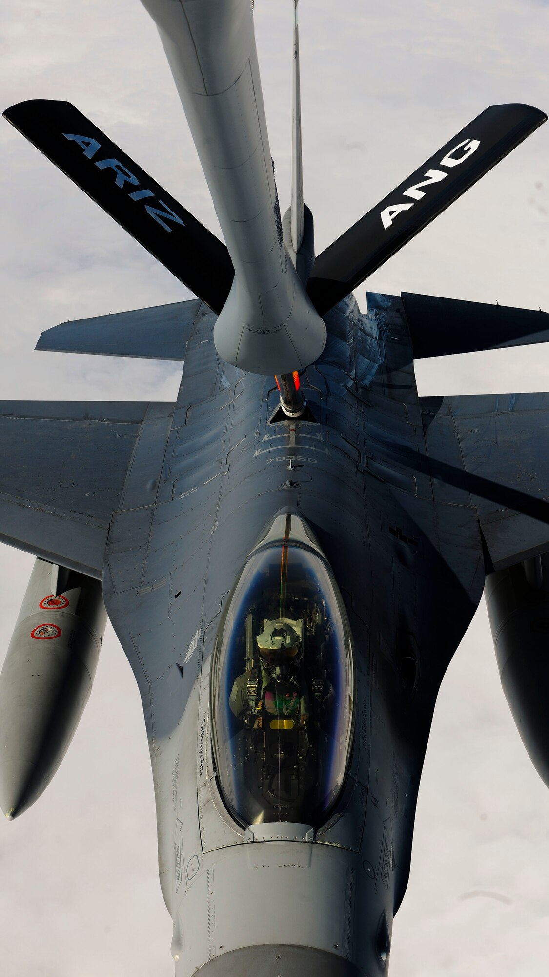 A KC-135 Stratotanker, from the Arizona Air National Guard’s 161st Air Refueling Wing, refuels an F-16 Fighting Falcon from the 555th Fighter Squadron, Aviano Air Base, Italy, during a flying training deployment, Jan. 27, 2017, at Souda Bay, Greece. The KC-135 refueled U.S. and Hellenic air force F-16s during the FTD, which was hosted to evaluate aircraft and personnel capabilities and increase interoperability between the two NATO allies.  (U.S. Air Force photo by Staff Sgt. Austin Harvill)