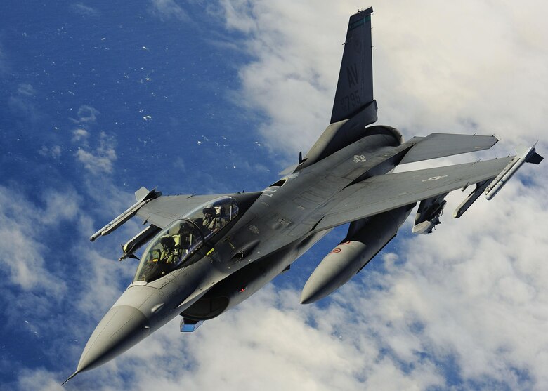 An F-16 Fighting Falcon from the 555th Fighter Squadron, Aviano Air Base, Italy, departs from a KC-135 Stratotanker, assigned to the Arizona Air National Guard’s 161st Air Refueling Wing, after refueling during a flying training deployment, Jan. 27, 2017, at Souda Bay, Greece. The KC-135 refueled U.S. and Hellenic air force F-16s during the FTD, which was hosted to evaluate aircraft and personnel capabilities and increase interoperability between the two NATO allies. (U.S. Air Force photo by Staff Sgt. Austin Harvill)