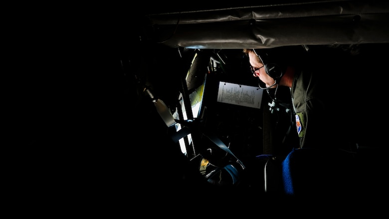 Tech. Sgt. Chad Hill, 161st Air Refueling Wing boom operator, performs refueling operations inside a KC-135 Stratotanker during a flying training deployment, Jan. 27, 2017, at Souda Bay, Greece. The Arizona Air National Guard’s 161st ARW’s KC-135s refueled U.S. and Hellenic F-16 Fighting Falcons during the FTD, which was hosted to evaluate aircraft and personnel capabilities and increase interoperability between the two NATO allies. (U.S. Air Force photo by Staff Sgt. Austin Harvill)