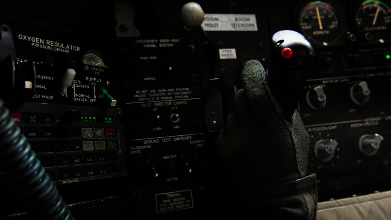Tech. Sgt. Chad Hill, 161st Air Refueling Wing boom operator, performs refueling operations inside a KC-135 Stratotanker during a flying training deployment, Jan. 27, 2017, at Souda Bay, Greece. The Arizona Air National Guard’s 161st ARW’s KC-135s refueled U.S. and Hellenic F-16 Fighting Falcons during the FTD, which was hosted to evaluate aircraft and personnel capabilities and increase interoperability between the two NATO allies. (U.S. Air Force photo by Staff Sgt. Austin Harvill)