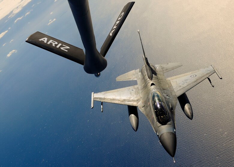 A Hellenic air force F-16 Fighting Falcon approaches a KC-135 Stratotanker, from the Arizona Air National Guard’s 161st Air Refueling Wing, during a flying training deployment, Jan. 27, 2017, at Souda Bay, Greece. The KC-135 refueled U.S. and Hellenic air force F-16s during the FTD, which was hosted to evaluate aircraft and personnel capabilities and increase interoperability between the two NATO allies. (U.S. Air Force photo by Staff Sgt. Austin Harvill)