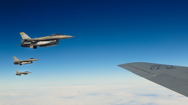 Hellenic air force F-16 Fighting Falcons fly alongside a KC-135 Stratotanker from the Arizona Air National Guard’s 161st Air Refueling Wing during a flying training deployment, Jan. 27, 2017, at Souda Bay, Greece. The KC-135 refueled U.S. and Hellenic air force F-16s during the FTD, which was hosted to evaluate aircraft and personnel capabilities and increase interoperability between the two NATO allies. (U.S. Air Force photo by Staff Sgt. Austin Harvill)
