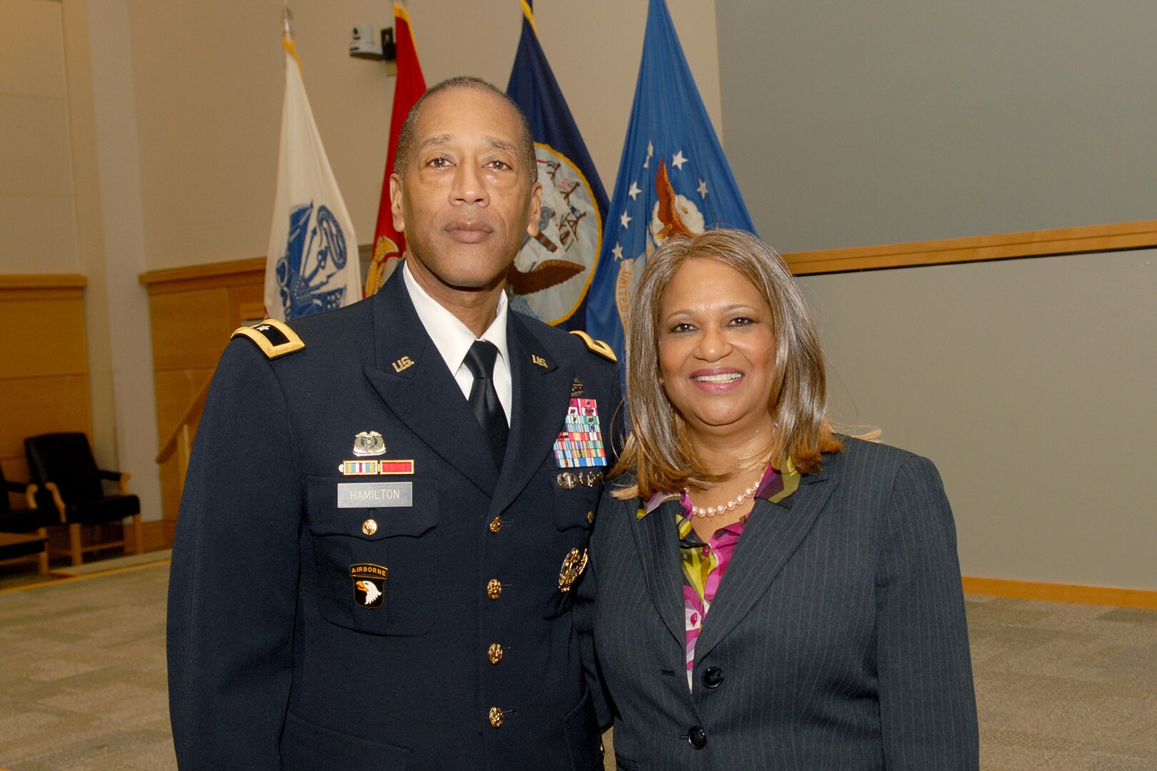 Army Brig. Gen. Charles Hamilton, DLA Troop Support commander, stands with Sheilah D. Vance, Esq., professor at Villanova University Law School, who was the guest speaker at the annual Martin Luther King, Jr. Day observance program Jan. 26.