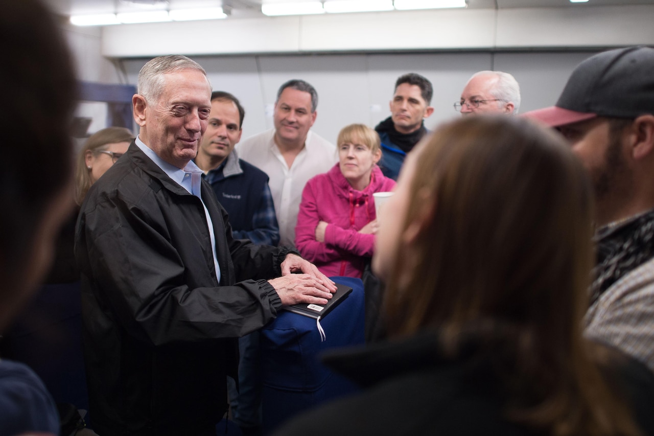 Defense Secretary Jim Mattis answers questions from reporters during a flight to South Korea, Feb. 1, 2017. Mattis is traveling to Seoul and Tokyo for meetings with his counterparts. DoD photo by Army Sgt. Amber I. Smith