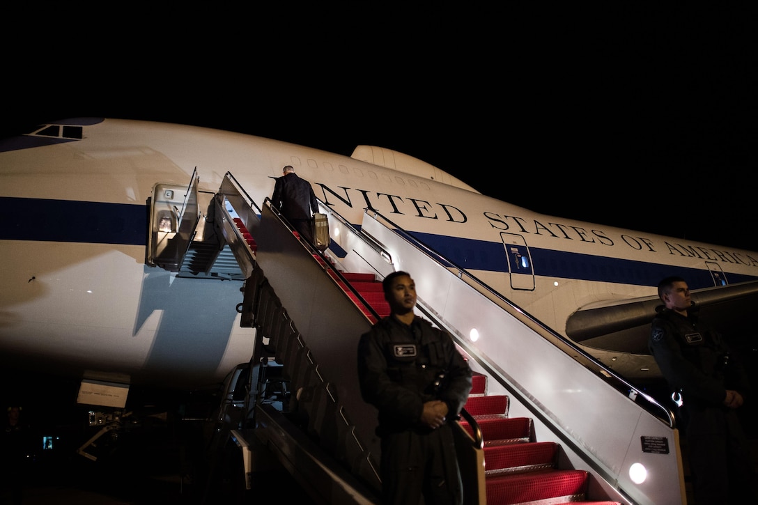 Defense Secretary Jim Mattis leaves Andrews Air Force Base, Md., for a four-day trip to the Asia-Pacific, Feb. 1, 2017. Mattis will meet with his counterparts in South Korea and Japan during his first overseas trip as defense secretary. DoD photo by Army Sgt. Amber I. Smith