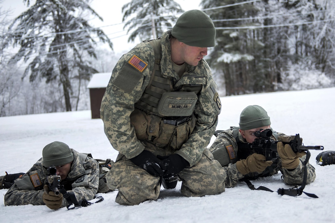 Army National Guardsmen refine marksmanship techniques during training at the Camp Ethan Allen Training Site, Jericho, Vt., Jan. 25, 2017. The soldiers are assigned to the Vermont National Guard’s Company A, 3rd Battalion, 172nd Infantry Regiment, 86th Infantry Brigade Combat Team (Mountain). Air National Guard photo by Tech. Sgt. Sarah Mattison 