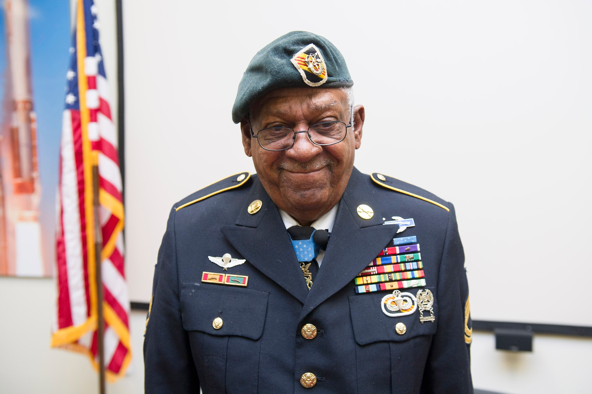 Retired U.S. Army Sgt. 1st Class Melvin Morris, Medal of Honor recipient, wears his 55-year old Green Beret, Jan. 31, 2017, at Patrick Air Force Base, Fla.  Morris’s Green Beret has never left his side since the day President John F. Kennedy visited Fort Bragg and authorized U.S. Army Special Forces to wear Green Berets. (U.S. Air Force photo by Phil Sunkel)