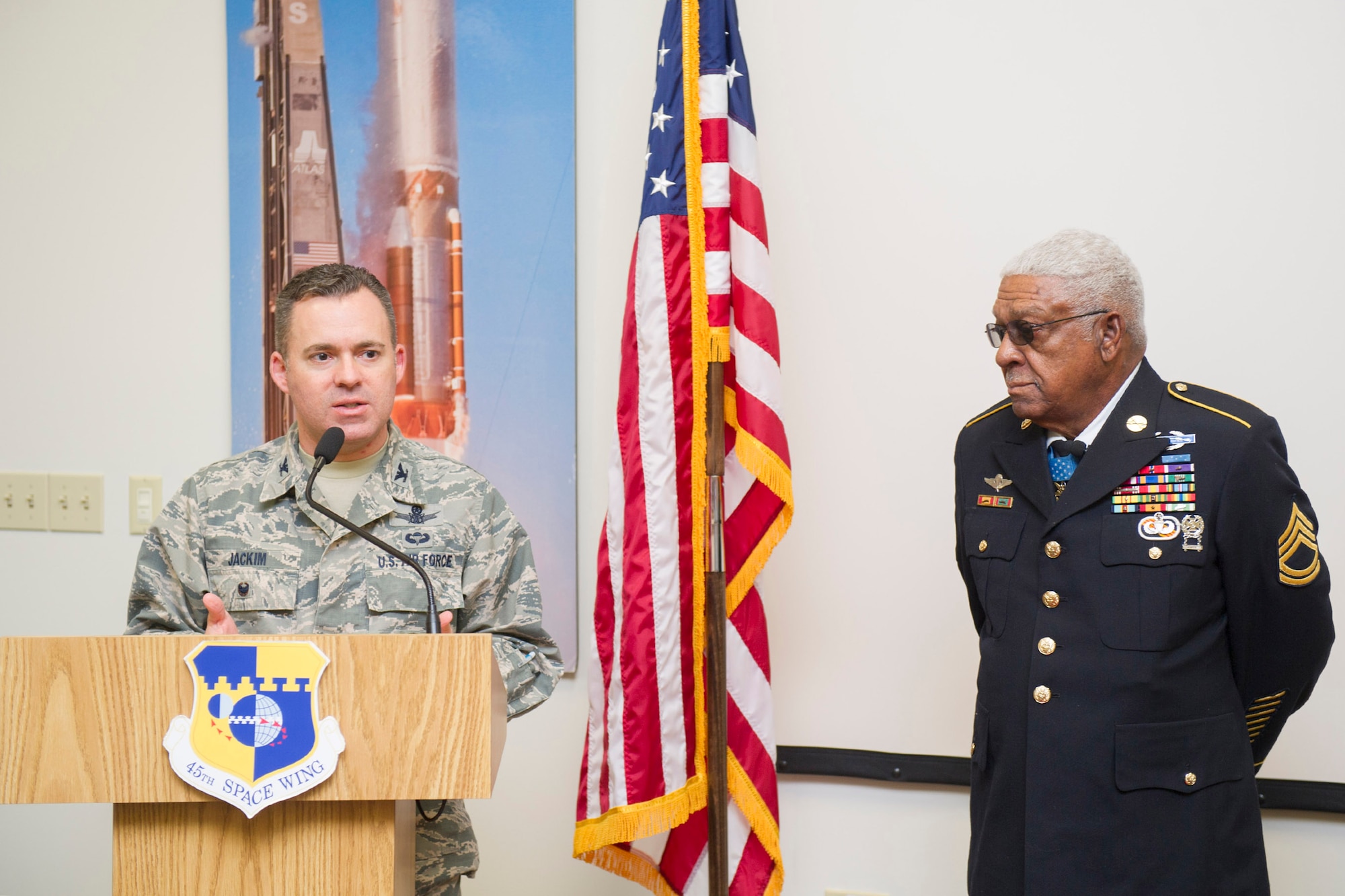 Vice Wing Commander Col. Walt Jackim introduces retired U.S. Army Sgt. 1st Class Melvin Morris, Medal of Honor recipient, to Patrick Air Force Base Airmen Jan. 31, 2017. Jackim reminded the audience that every service member raises their right hand to support the same oath and will possibly one day be called on to make a crucial decision rooted in one’s character. (U.S. Air Force photo by Phil Sunkel)