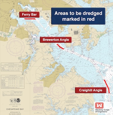 Maps shows channels to be dredged during Fiscal Year 2017 maintenance dredging of the Baltimore Harbor and Channels project being carried out by the U.S. Army Corps of Engineers, Baltimore District.