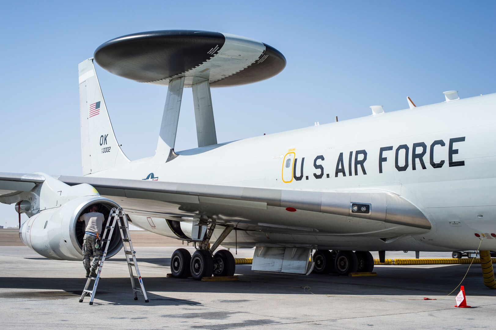 380th Expeditionary Aircraft Maintenance Squadron engine maintainer Senior Airman Nathan completes a post-flight inspection on an E-3 Sentry at an undisclosed location in Southwest Asia, Feb. 2, 2017. To date, the E-3 Sentry has completed more than 10,000 hours of flight time in support of Combined Joint Task Force-Operation Inherent Resolve. (U.S. Air Force photo by Senior Airman Tyler Woodward)