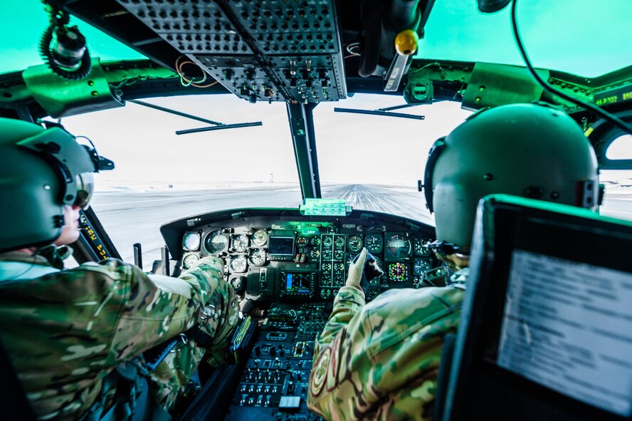 A UH-1N Iroquois from the 54th Helicopter Squadron lands at Minot Air Force Base, N.D., Jan. 25, 2017. The purpose of the flight was to perform training maneuvers and complete a security sweep of 91st Missile Wing launch facilities.  The 54th HS’s fleet is critical in providing support to 91st MW Airmen and assets in the missile complex. (U.S. Air Force photo/Airman 1st Class J.T. Armstrong)