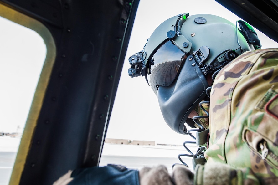 A UH-1N Iroquois from the 54th Helicopter Squadron lands at Minot Air Force Base, N.D., Jan. 25, 2017. The purpose of the flight was to perform training maneuvers and complete a security sweep of 91st Missile Wing launch facilities.  The 54th HS’s fleet is critical in providing support to 91st MW Airmen and assets in the missile complex. (U.S. Air Force photo/Airman 1st Class J.T. Armstrong)