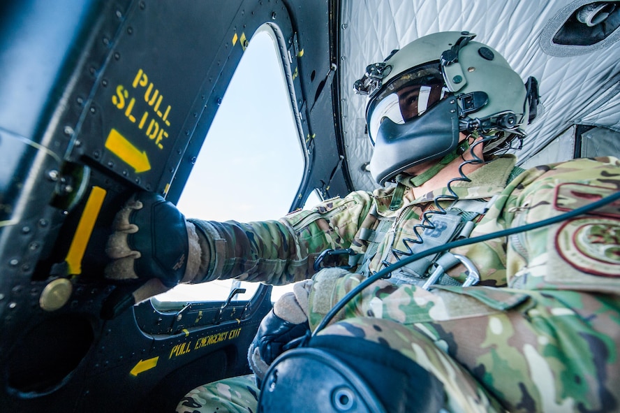 A UH-1N Iroquois from the 54th Helicopter Squadron flies over Minot Air Force Base’s missile complex, N.D., Jan. 25, 2017. The purpose of the flight was to perform training maneuvers and complete a security sweep of 91st Missile Wing launch facilities.  The 54th HS’s fleet is critical in providing support to 91st MW Airmen and assets in the missile complex. (U.S. Air Force photo/Airman 1st Class J.T. Armstrong)