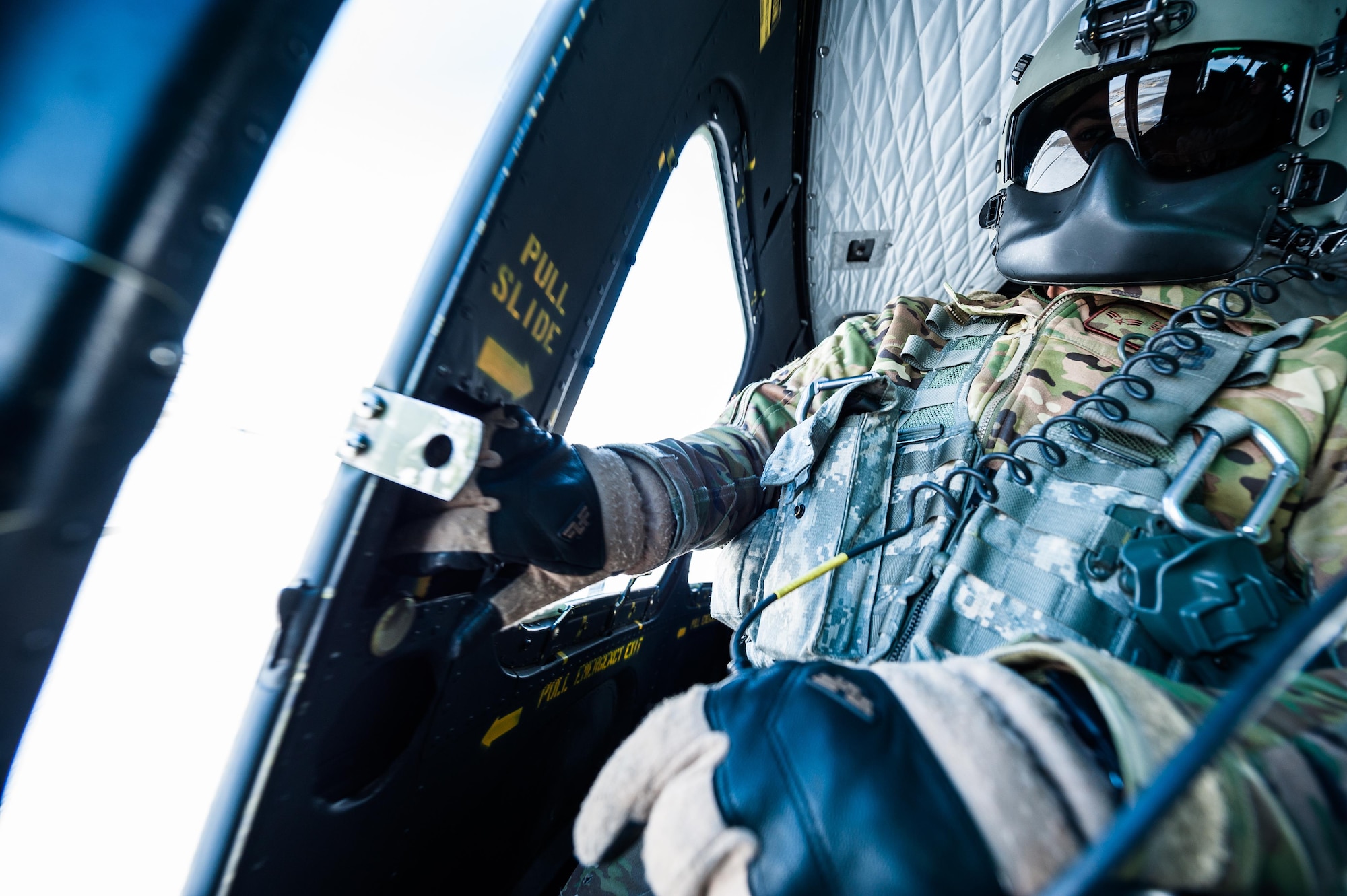 A UH-1N Iroquois from the 54th Helicopter Squadron flies over Minot Air Force Base’s missile complex, N.D., Jan. 25, 2017. The purpose of the flight was to perform training maneuvers and complete a security sweep of 91st Missile Wing launch facilities.  The 54th HS’s fleet is critical in providing support to 91st MW Airmen and assets in the missile complex. (U.S. Air Force photo/Airman 1st Class J.T. Armstrong)