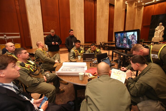 Command staff with Chemical Biological Incident Response Force, CBIRF, U.S. Marine Corps Forces Command, monitor the 58th Presidential Inauguration in a tactical command post, Jan. 20, 2017. Initial Response Force A, CBIRF, assumed the ready position working under Joint Task Force National Capitol Region, JTF-NCR, which provided military support to the lead agency the U.S. Secret Service during the 58th Presidential Inauguration in Washington D.C., Jan. 20, 2017. The Inauguration was designated a National Special Security Event, NSSE, by the Secretary of the Department of Homeland Security on July 2016. When an event is designated an NSSE, the U.S. Secret Service assumes its mandated role as the lead federal agency for the design and implementation of the operational security plan. Although elements of CBIRF were staged near the U.S. Capitol building, other elements of CBIRF were on standby at CBIRF headquarters, making the Inauguration supported by the entire CBIRF unit. (Official USMC Photos by Staff Sgt. Santiago G. Colon Jr./RELEASED)
