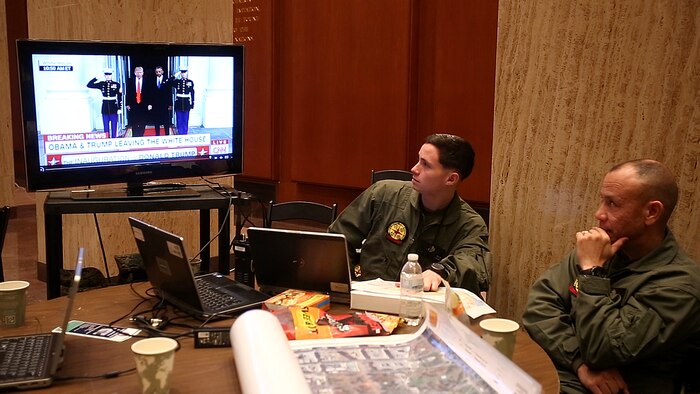Command staff with Chemical Biological Incident Response Force, CBIRF, U.S. Marine Corps Forces Command, monitor the 58th Presidential Inauguration in a tactical command post, Jan. 20, 2017. Initial Response Force A, CBIRF, assumed the ready position working under Joint Task Force National Capitol Region, JTF-NCR, which provided military support to the lead agency the U.S. Secret Service during the 58th Presidential Inauguration in Washington D.C., Jan. 20, 2017. The Inauguration was designated a National Special Security Event, NSSE, by the Secretary of the Department of Homeland Security on July 2016. When an event is designated an NSSE, the U.S. Secret Service assumes its mandated role as the lead federal agency for the design and implementation of the operational security plan. Although elements of CBIRF were staged near the U.S. Capitol building, other elements of CBIRF were on standby at CBIRF headquarters, making the Inauguration supported by the entire CBIRF unit. (Official USMC Photos by Staff Sgt. Santiago G. Colon Jr./RELEASED)
