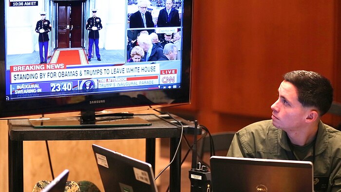 Command staff with Chemical Biological Incident Response Force, CBIRF, U.S. Marine Corps Forces Command, monitor the 58th Presidential Inauguration in a tactical command post, Jan. 20, 2017. Initial Response Force A, CBIRF, assumed the ready position working under Joint Task Force National Capitol Region, JTF-NCR, which provided military support to the lead agency the U.S. Secret Service during the 58th Presidential Inauguration in Washington D.C., Jan. 20, 2017. The Inauguration was designated a National Special Security Event, NSSE, by the Secretary of the Department of Homeland Security on July 2016. When an event is designated an NSSE, the U.S. Secret Service assumes its mandated role as the lead federal agency for the design and implementation of the operational security plan. Although elements of CBIRF were staged near the U.S. Capitol building, other elements of CBIRF were on standby at CBIRF headquarters, making the Inauguration supported by the entire CBIRF unit. (Official USMC Photos by Staff Sgt. Santiago G. Colon Jr./RELEASED)
