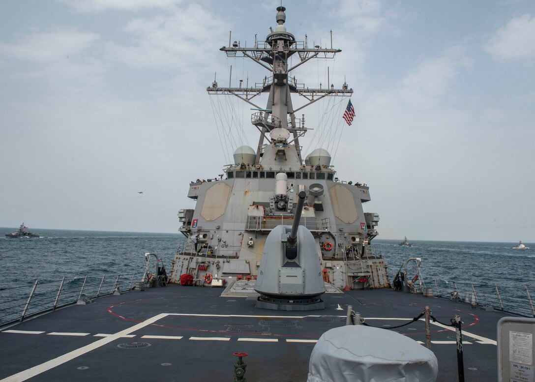 170201-N-CS953-010

ARABIAN SEA (Feb. 1, 2016) The Arleigh Burke-class guided-missile destroyer USS Mahan (DDG 72), steams along in formation with ships from three other countries during Exercise Unified Trident 2017. Unified Trident is a multilateral maritime exercise with the U.S. Navy, Royal Navy, Australian Royal Navy and French Marine Nationale to be a enhance mutual capabilities improve tactical proficiency and strengthen partnerships in ensuring the free flow of commerce and freedom of navigation within the 5th Fleet area of operation. (U.S. Navy photo by Mass Communication Specialist 1st Class Tim Comerford)