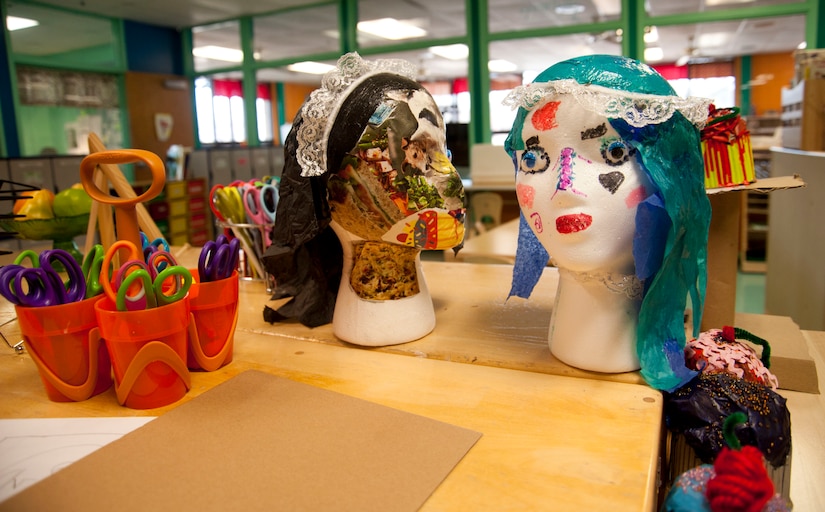 Mannequin heads sit atop a counter in the art room at the Youth Center on Joint Base Andrews, Md., Jan. 31, 2017. The room is used by students enrolled in the Andrews Home Educators art class. (U.S. Air Force photo by Staff Sgt. Joe Yanik)  