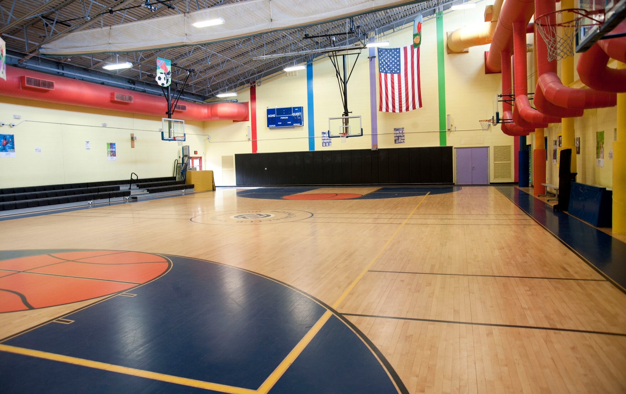 The gymnasium at the Youth Center on Joint Base Andrews, Md., is used by students enrolled in physical education classes with the Andrews Home Educators organization. The host facility offers the AHE students other spaces such as learning rooms, computer labs and a dance studio. (U.S. Air Force by Staff Sgt. Joe Yanik)