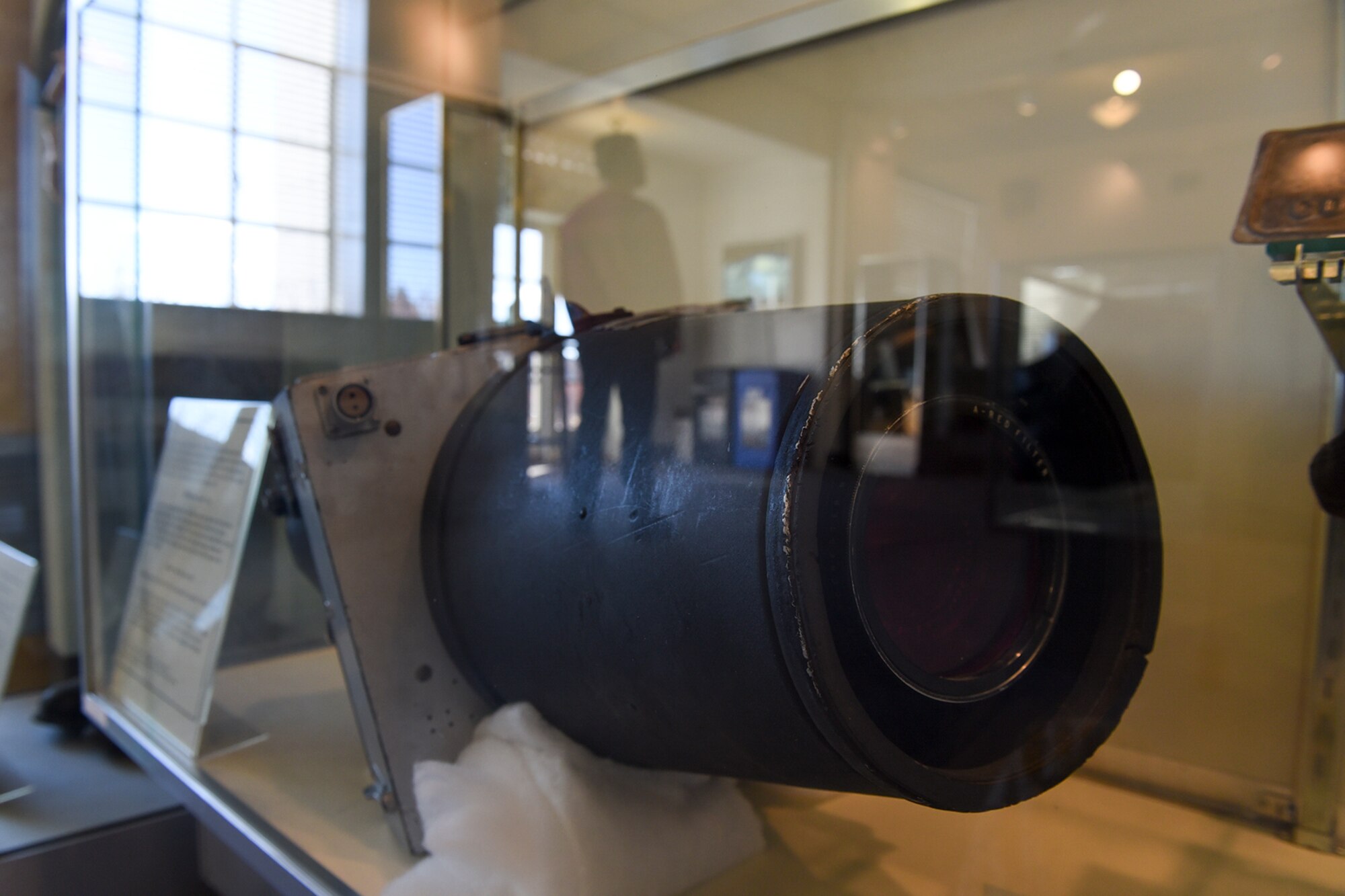 PETERSON AIR FORCE BASE, Colo. – One of a set of three cameras that took aerial photos for 6th Photographic Squadron is displayed at the Peterson Air and Space Museum, Jan. 27, 2017. The photos taken from this camera were used to make maps for the military. (U.S. Air Force photo by Philip Carter)