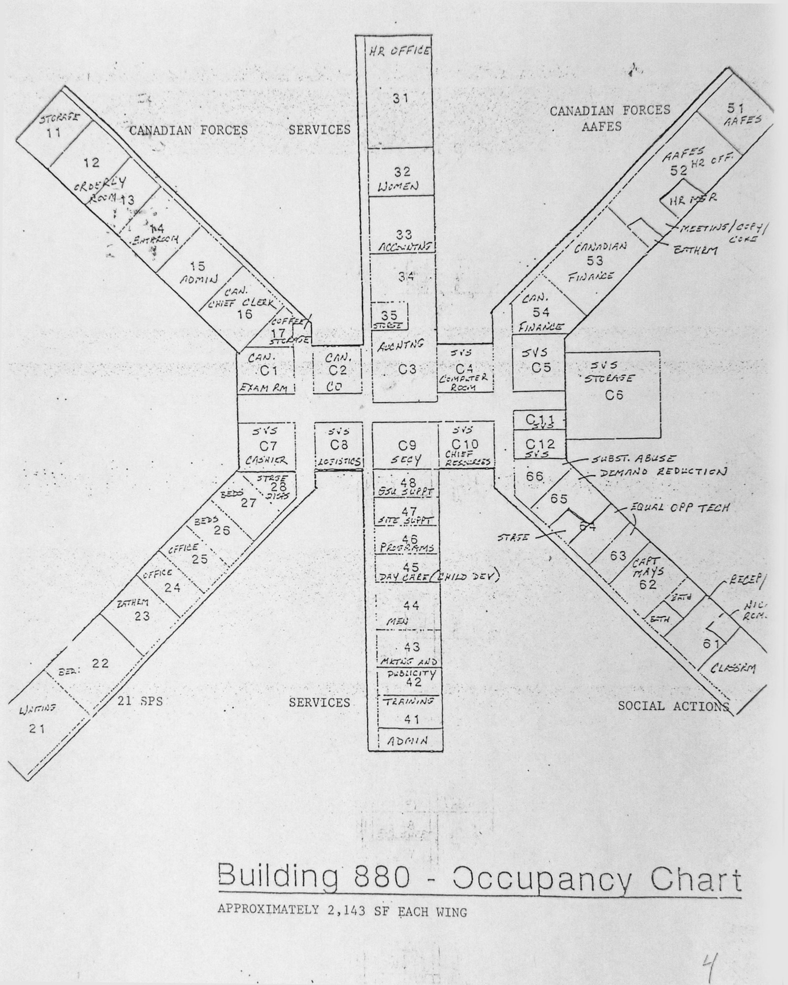PETERSON AIR FORCE BASE, Colo. – A schematic of Building 880 shows who the tenants were at the time. This image shows why it was nicknamed the spider building. (Courtesy photo from 21st Civil Engineer Squadron)
