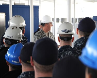 U.S. Air Force Gen. John E. Hyten (center), commander of U.S. Strategic Command (USSTRATCOM) speaks with submariners during an All Hands Call while visiting Submarine Force (COMSUBFOR), at Naval Air Station Norfolk, Va. Hyten is visiting submarine forces, his first as commander of USSTRATCOM, to see the operations of one leg of the nuclear triad. One of nine DoD unified combatant commands, USSTRATCOM has global strategic missions assigned through the Unified Command Plan that include strategic deterrence; space operations; cyberspace operations; joint electronic warfare; global strike; missile defense; intelligence, surveillance and reconnaissance; and analysis and targeting.