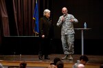 U.S. Air Force Chief Master Sgt. Alexander Del Valle, 51st Fighter Wing command chief, thanks Dave Roever, a Vietnam War veteran, for speaking about resiliency at Osan Air Base, Republic of Korea, Jan. 25, 2017. Roever, is an inspirational speaker who shares his story about how he survived after suffering burns all over his body when a phosphorus grenade exploded in his hand during the war. 