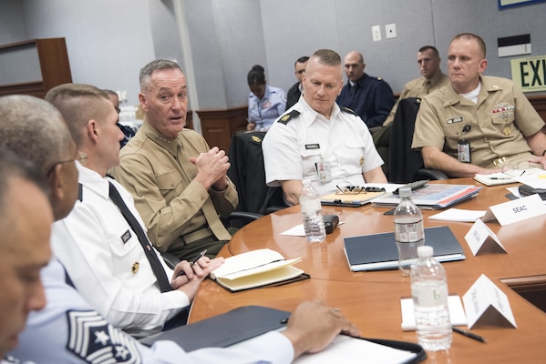 Marine Gen. Joseph F. Dunford, Jr., Chairman of the Joint Chiefs of Staff addresses Command Sgt. Maj. John Troxell, the Senior Enlisted Advisor to the Chairman of the Joint Chiefs, and Senior Enlisted Leaders across the Department of Defense during the Defense Senior Enlisted Leader’s Council at the Pentagon in Washington, D.C., Dec. 1st, 2016. (DoD Photo by Petty Officer 2nd Class Dominique A. Pineiro)
