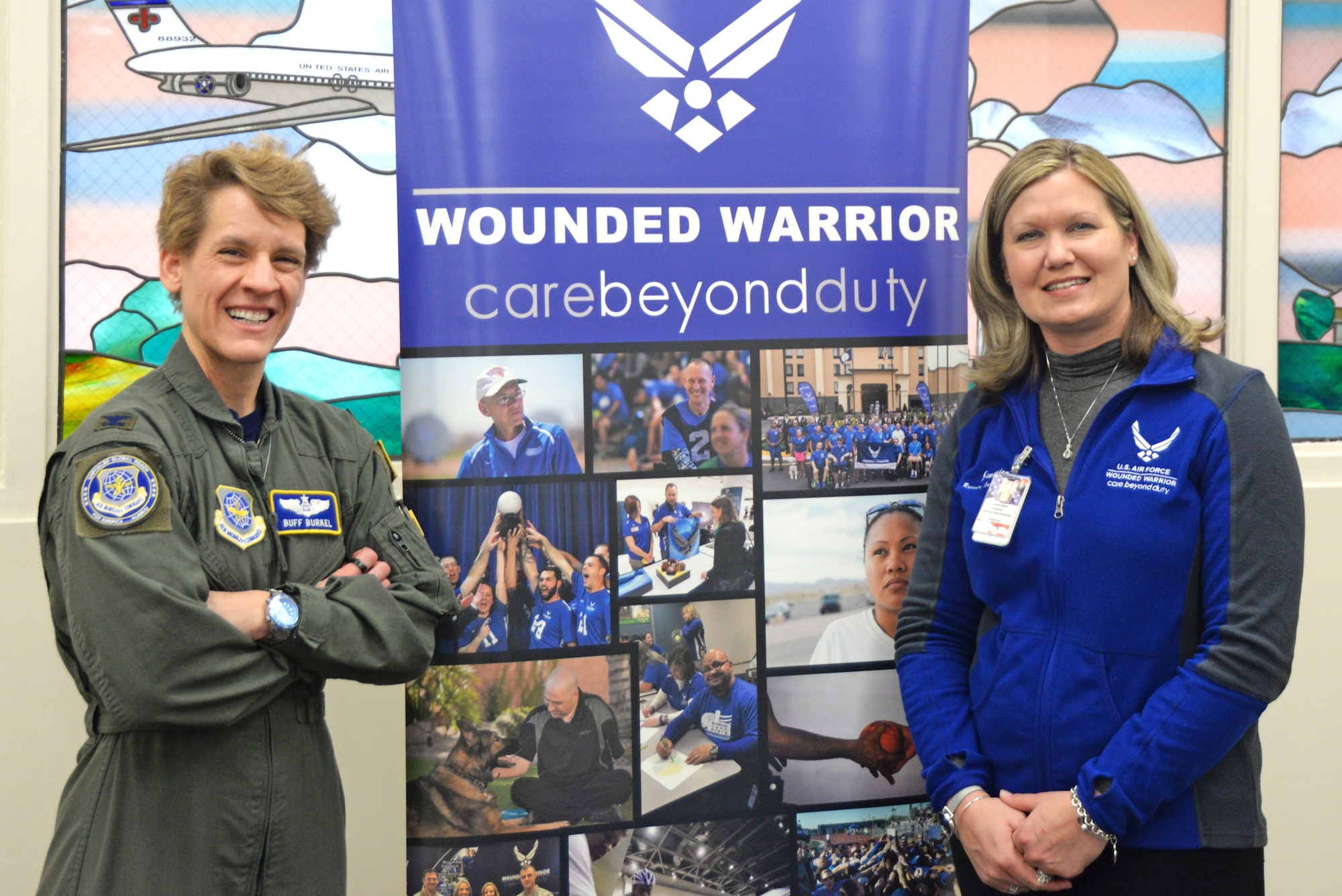 Jennifer Welch, an Air Force care coordinator for the Wounded Warrior Care Beyond Duty progam connected with Col. Laurel Burkel when she arrived to Scott Air Force Base last June. Burkel survived a helicopter crash and suffered from several injuries and found help through Welch.( U.S. Air Force photo by Airman Chad Gorecki)