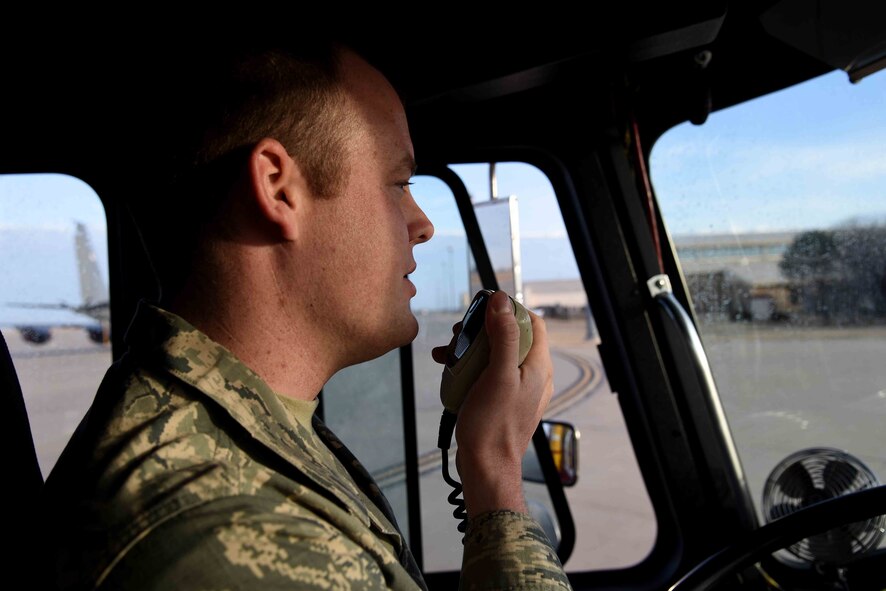 Airman 1st Class Josh Henson, 22nd Civil Engineer Squadron firefighter, performs an operations check on one of the fire department’s emergency vehicles, Feb. 1, 2017, at McConnell Air Force Base, Kan. Daily inspections are done on each vehicle to ensure mission preparedness. (U.S. Air Force photos/Airman 1st Class Erin McClellan)