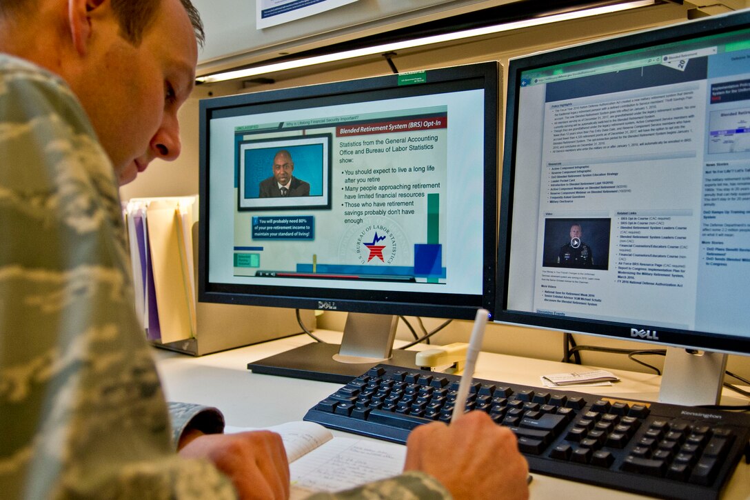 Air Force Maj. Michael Odle, Defense Department assistant director of military compensation policy, reviews the DoD course content for the Blended Retirement System opt-in training at the Pentagon, Jan. 30, 2017. Currently serving military members who are eligible to opt in are required to take the course. DoD photo by Lisa Ferdinando