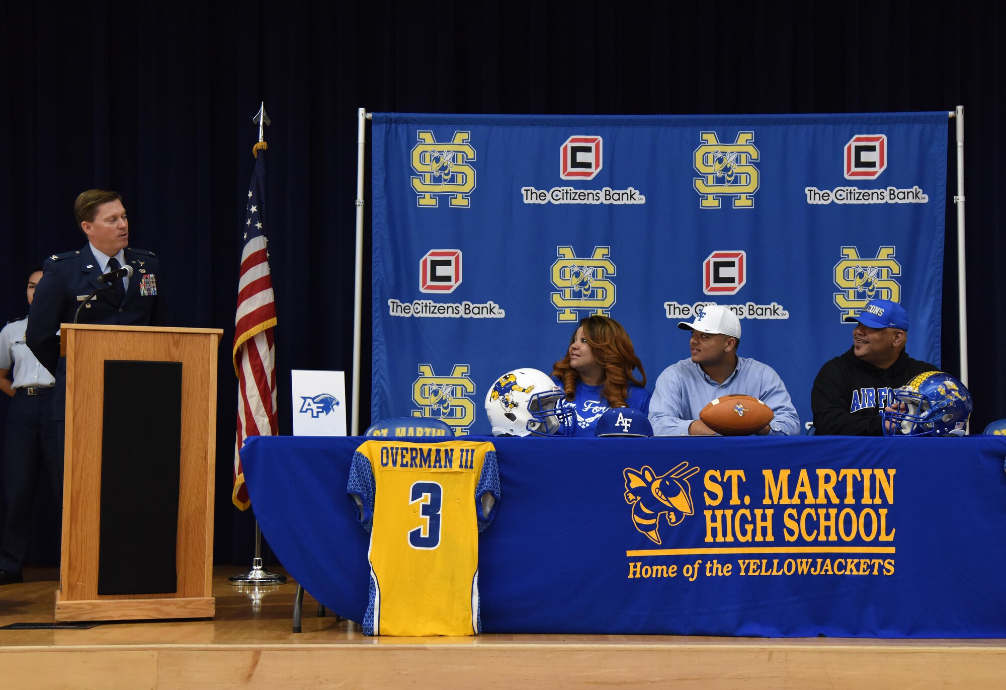 Col. C. Mike Smith, 81st Training Wing vice commander, delivers remarks during the 2017 St. Martin High School National Signing Day Feb. 1, 2017, St. Martin, Miss. Wayne Overman III, St. Martin High School senior and quarterback, signed a letter of intent to attend the Air Force Academy and play football for the Air Force Falcons. (U.S. Air Force photo by Kemberly Groue)