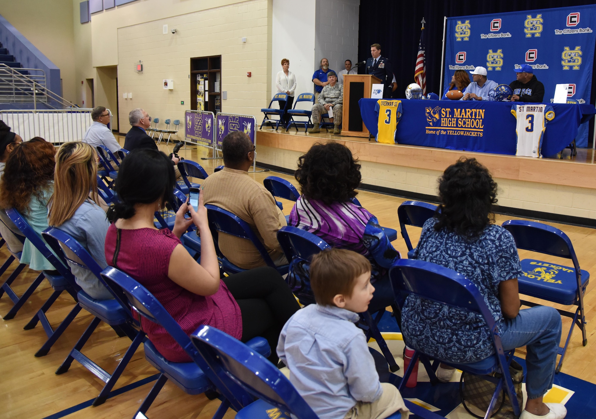 Col. C. Mike Smith, 81st Training Wing vice commander, delivers remarks during the 2017 St. Martin High School National Signing Day Feb. 1, 2017, St. Martin, Miss. Wayne Overman III, St. Martin High School senior and quarterback, signed a letter of intent to attend the Air Force Academy and play football for the Air Force Falcons. (U.S. Air Force photo by Kemberly Groue)