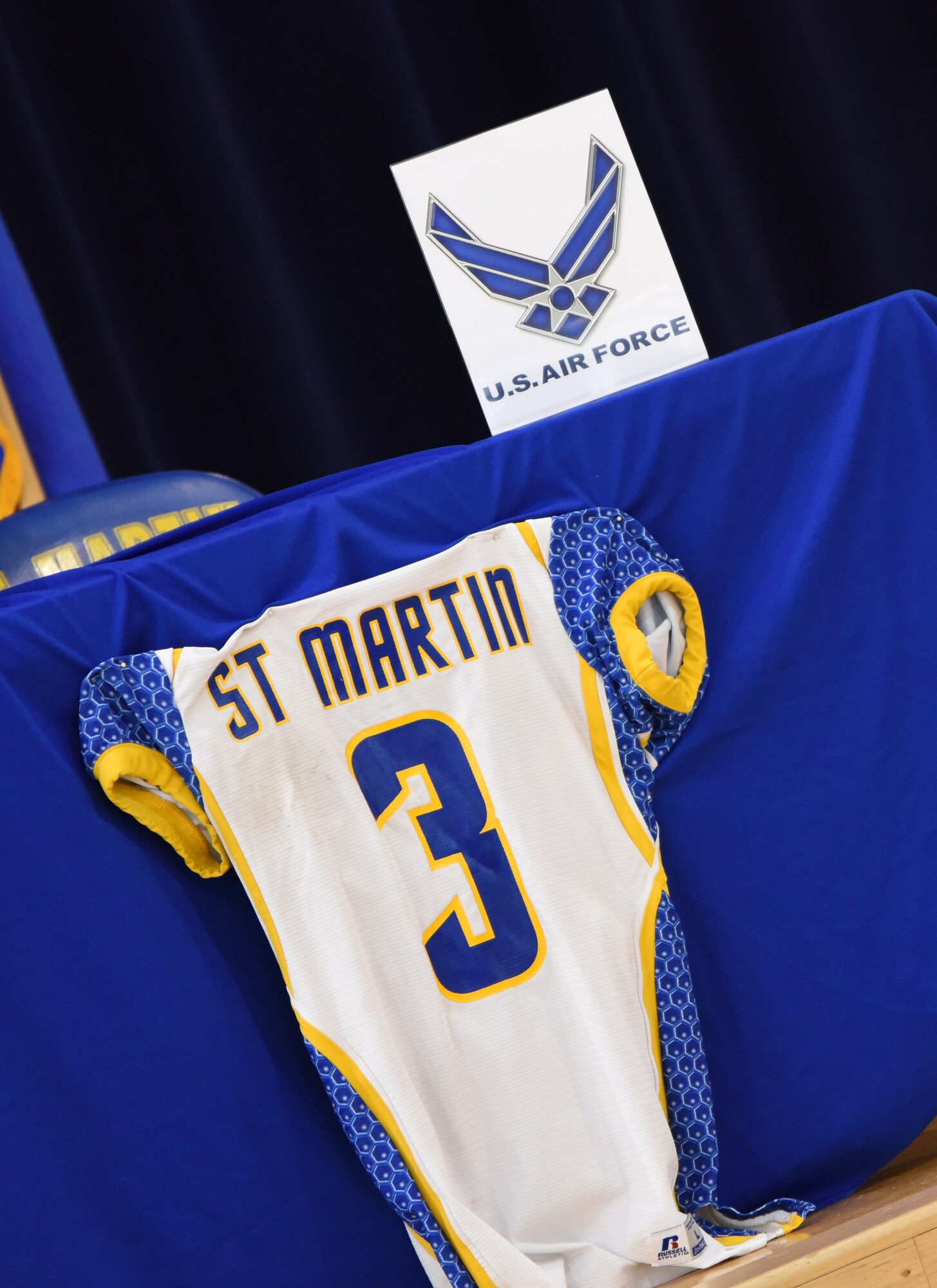 A St. Martin High School football jersey sits on display during the school’s 2017 National Signing Day Feb. 1, 2017, St. Martin, Miss. Wayne Overman III, St. Martin High School senior and quarterback, signed a letter of intent to attend the Air Force Academy and play football for the Air Force Falcons. (U.S. Air Force photo by Kemberly Groue)