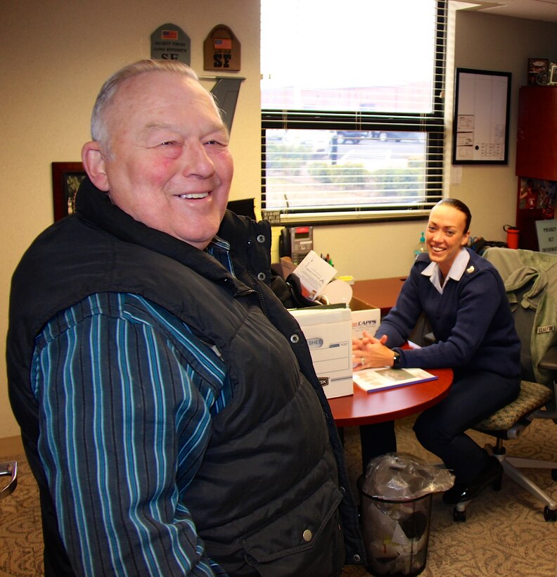 932nd Maintenance Group retiree, and "Salty Dog" race car expert, Senior Master Sgt. Bob Salter, stopped by to make the friendly visitation rounds at the 932nd Airlift Wing headquarters January 27, 2017.  Here he shares a laugh with one of the wing's newest recruiters, Tech Sergeant Brittany Paus.  (U.S. Air Force photo by Lt. Col. Stan Paregien)