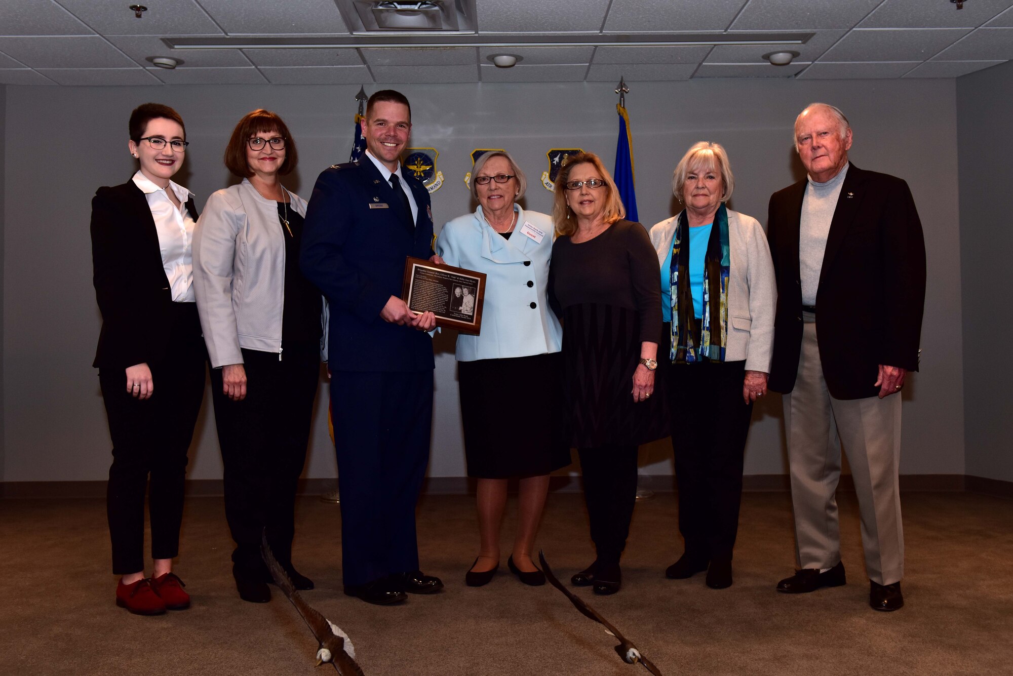 U.S. Air Force Col. Charles Brown, 19th Airlift Wing commander, presents the 2016 Cornerstone Award to Mrs. Billie Ann Myers and her late husband Oliver Myers, Jan. 31, 2017 at Hangar 1080 on Little Rock Air Force Base, Ark.  Mrs. Myers and family received the award on Mr. Oliver Myers behalf and were honored to be selected for this recognition.
(U.S. Air Force photo by Staff Sgt. Jeremy McGuffin)
