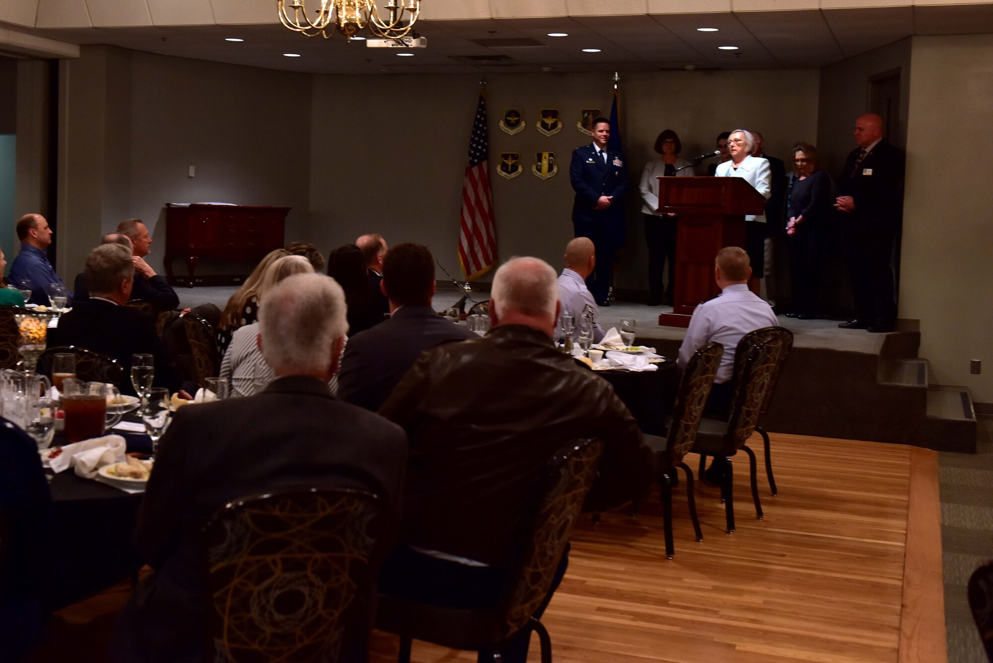 Mrs. Billie Ann Myers speaks to community leaders at the 2017 Community Council meeting at Hangar 1080 after receiving the 2016 Cornerstone Award for outstanding service and commitment to Little Rock Air Force base that she and her late husband Oliver Myers accomplished, Jan. 31, 2017.
(U.S. Air Force photo by Staff Sgt. Jeremy McGuffin)
