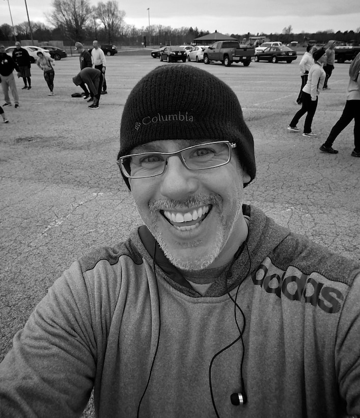 Christopher Parr, 932nd Airlift Wing Public Affairs specialist, grabs a photo after completing week one of a running clinic, Jan. 26, 2017, Scott Air Force Base, Illinois. Members of Group 1 posted the faster times for the 1.5 mile pretest for the Scott Air Force Base Health Promotion Running Clinic.  "This will be a challenge but we will all make some strides on our run times," said Parr.  Photo links with a weekly commentary about the running clinic. (U.S. Air Force photo by Christopher Parr)  