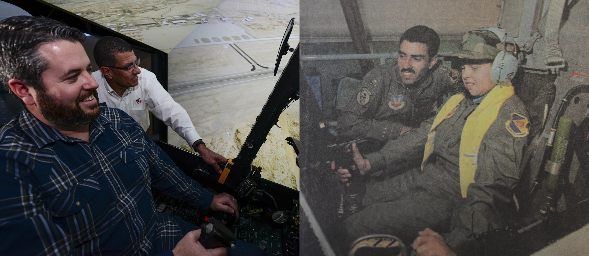 Two merged photographs present Marcus Foiles and retired U.S. Air Force Lt. Col. Gregg Montijo in an A-10 flight simulator during a tour at Davis-Monthan Air Force Base, Ariz., Jan. 27, 2017 (left), and July 1989 (right). Foiles was 10 years old in 1989 when he was granted a trip to D-M via the Make-A-Wish Foundation after being diagnosed with leukemia. Foiles made the trip back to D-M to reconnect with Montijo, the pilot who hosted the tour 28 years ago. (U.S. Air Force photo illustration by Airman 1st Class Nathan H. Barbour)