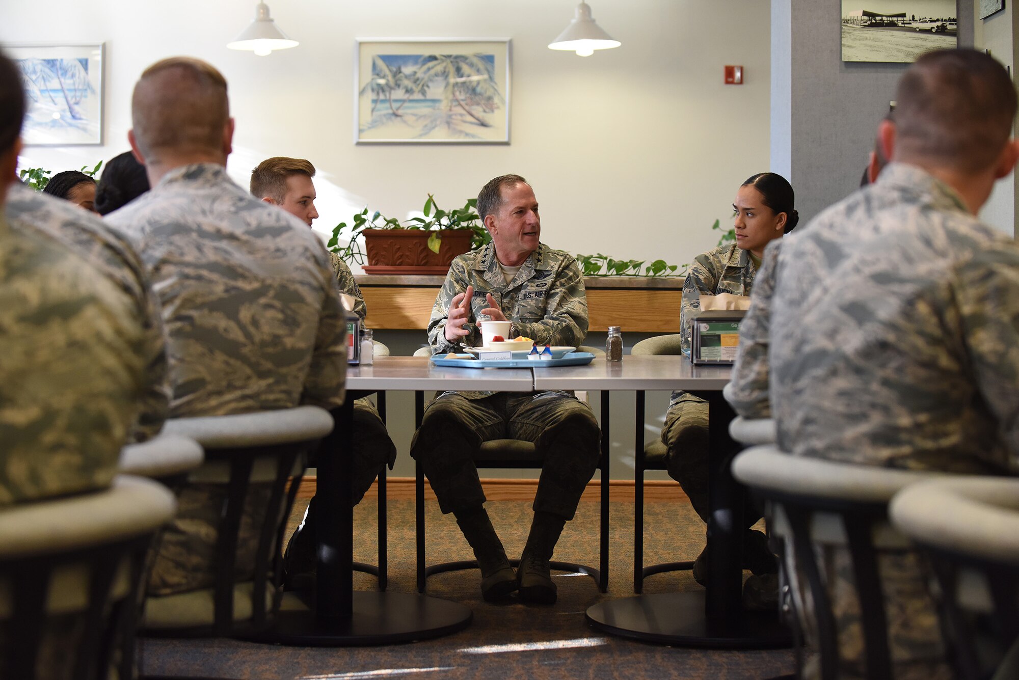 Gen. David L. Goldfein, Air Force Chief of Staff, speaks with Airmen during a breakfast at Breakers Dining Facility, Jan. 30, 2017, Vandenberg Air Force Base, Calif. (U.S. Air Force photo by Senior Airman Robert J. Volio/Released)